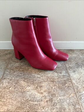 Calvin Klein Red Leather Ankle Boots with Block Heel